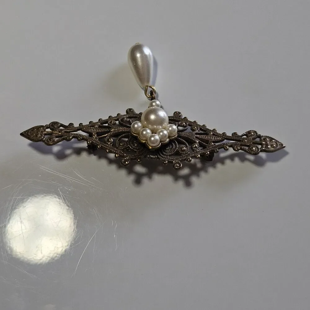 Vintage Victorian Style Filigree & Pearls Pearl Drop Brooch Gilded Brass Metal